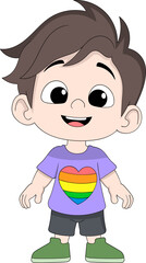 Cartoon Boy Smiling in Purple Shirt with Rainbow Heart for Pride