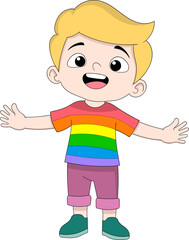 Smiling Cartoon Boy in Rainbow Pride Shirt with Open Arms