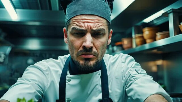 Focused chef preparing fresh salad in a restaurant kitchen. Food preparation concept, man inspecting lettuce for quality control, gastronomy.