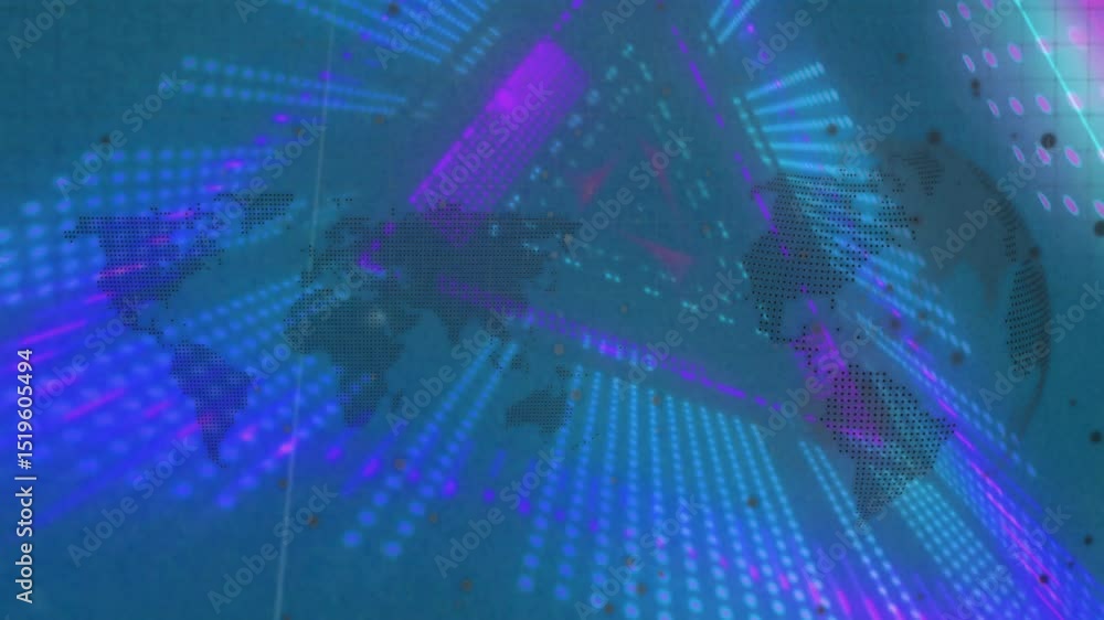 Poster prism wireframe emerging after glowing dots radiating, tracing neon lines and pulsing global link