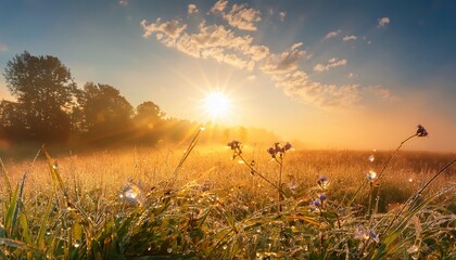 夏と朝露、涼し気な風、草香り漂う優しい日差し、幻想的に仕上げる Generated by AI