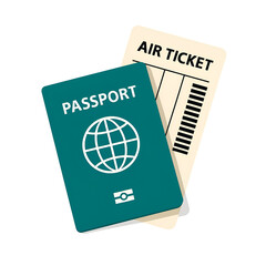Passport and Air Ticket Travel Concept – Flat Vector Illustration for Tourism and International Flights , green biometric passport and an airline ticket on a white background

