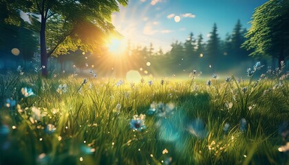 夏と朝露、涼し気な風、草香り漂う優しい日差し、幻想的に仕上げる Generated by AI