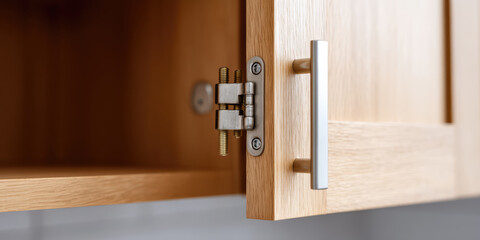An open wooden cabinet door is partially shown, with a visible metal hinge and handle. Furniture detail, home interior, hardware focus