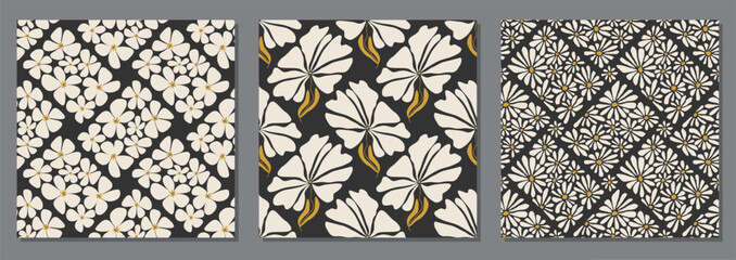 Set of trendy minimalist seamless botanical pattern with abstract creative hand drawn composition