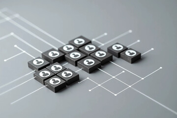 Wooden Cubes Connected with Lines on Blue Background Representing Social Network and Organizational Structure, Illustrating Teamwork, Digital Communication, and Business Collaboration