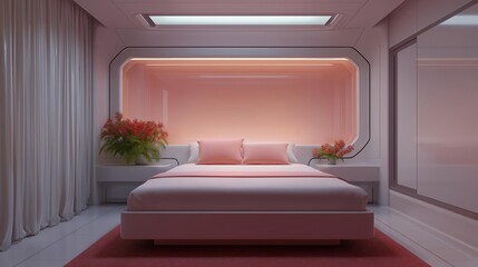 Modern and luxurious bedroom with a large bed in the center. the bed is made up with white linens and pink pillows, and there are two nightstands on either side of the bed with a vase of red flowers.