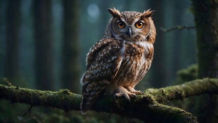 Fototapeta premium Beautiful Owl Perched on a Mossy Branch in Woodland