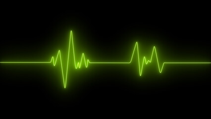 glowing yellow digital heartbeat pulse waveform on black background representing health technology, cardiology, ekg signal, medical diagnostics, and futuristic electronic vital sign monitoring
