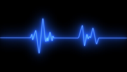 Glowing blue digital heartbeat pulse waveform on black background representing health technology, cardiology, ekg signal, medical diagnostics, and futuristic electronic vital sign monitoring