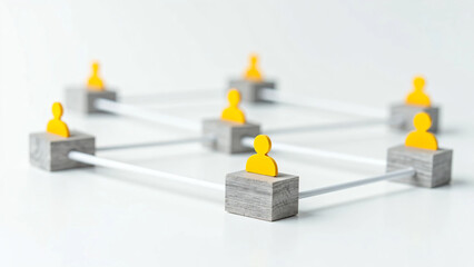 Wooden Cubes Connected with Lines on Blue Background Representing Social Network and Organizational Structure, Illustrating Teamwork, Digital Communication, and Business Collaboration