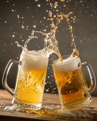 Two Frosty Beer Mugs Clinking with Splash – Realistic High-Speed Celebration Scene

