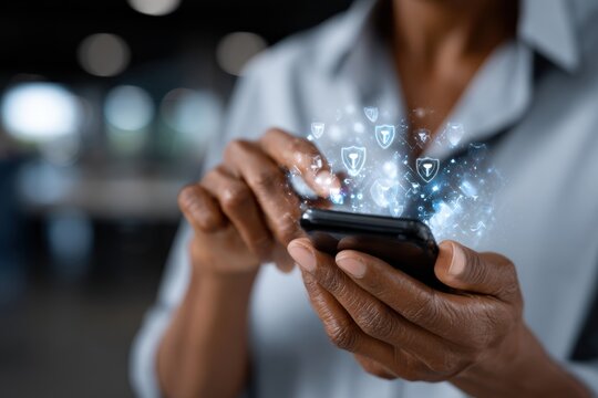 A close-up of an individual using a smartphone, where captivating visual effects suggest a focus on technology and digital security in contemporary life.