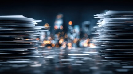 Stacks of paper with blurred city lights in the background at nighttime