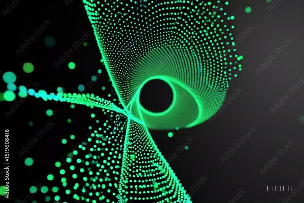Poster glowing green particle trails spinning in space creating futuristic abstract digital art design