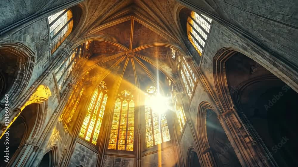 Poster sunlight shining through the architecture of a gothic church with stained glass windows creating a b