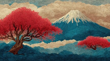 Japanese inspired fabric, Stylized Japanese landscape featuring cherry blossom trees and a snow-capped mountain, reminiscent of traditional woodblock art.