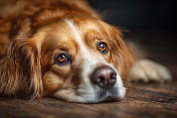 Sad-eyed dog resting on a wooden floor, exuding an emotional expression that captures the heart