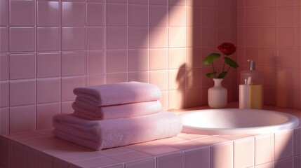 Bathroom with pink tiles on the walls and floor. on the right side of the image, there is a white sink with a white countertop. next to the sink, there are two white vases with red roses in them.