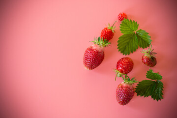 Bright juicy strawberries on a minimalist background