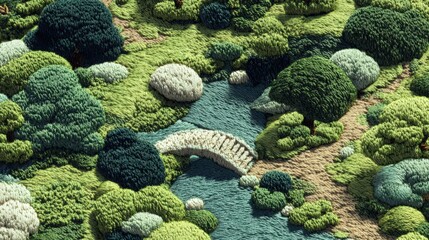 Japanese inspired fabric, A small stone bridge crosses a winding stream surrounded by lush, textured trees and greenery, resembling embroidered art.