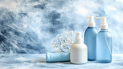 Blue Cosmetic Bottles And Soap With White Flowers On Textured Background