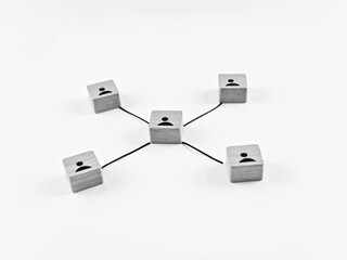 Wooden Cubes Connected with Lines on Blue Background Representing Social Network and Organizational Structure, Illustrating Teamwork, Digital Communication, and Business Collaboration