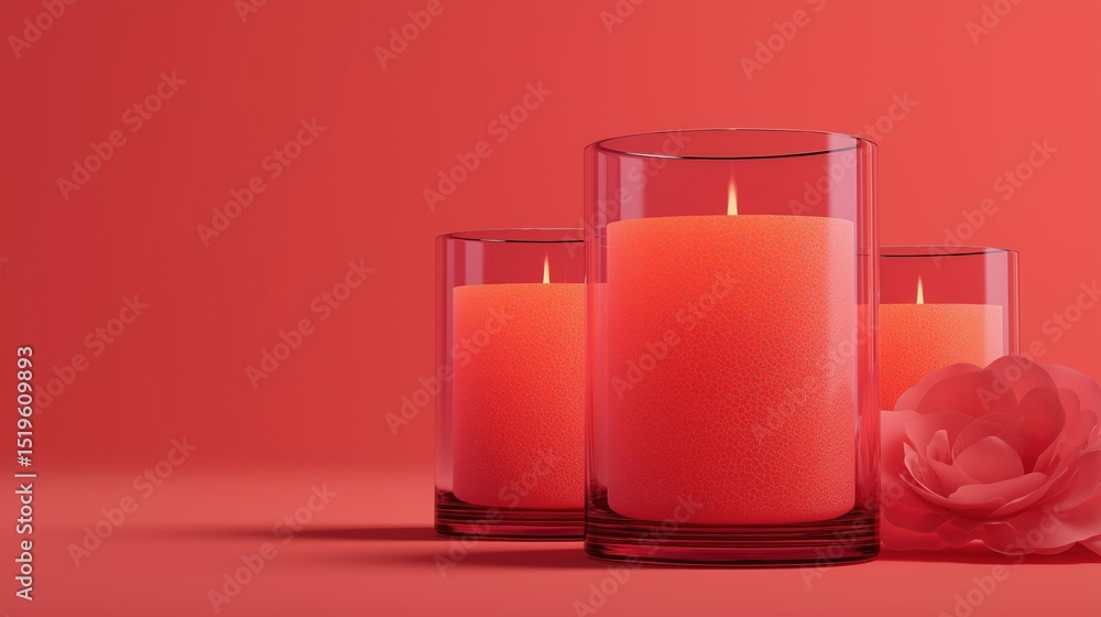 Poster three tall glass candles on a red background. the candles are arranged in a triangular formation, wi