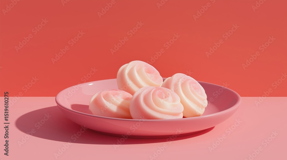 Aufkleber pink plate with four round, fluffy meringue cookies on it. the cookies are arranged in a circular pa
