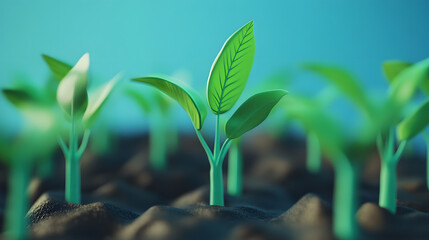 Vibrant green seedlings emerging from rich soil under a bright blue background, symbolizing growth