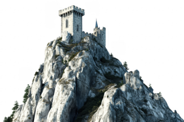 Medieval castle on mountaintop isolated on transparent background