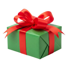 Obraz premium Green gift box with red ribbon bow on black background