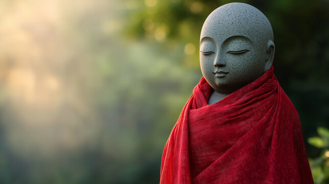 Ksitigarbha Worship Day, Jizo Bodhisattva statue with red cloth in temple garden, stone grey to cherry red gradient