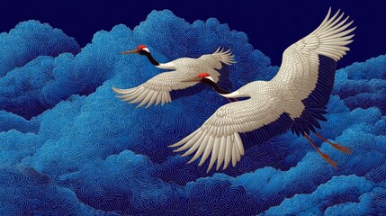 Japanese inspired fabric, Two elegant cranes with red crowns soar gracefully above swirling blue clouds against a dark sky in an ornate, stylized artwork.