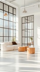 Bright room interior with large windows, white walls, a cream sofa, wooden tables, and sunlight streaming onto the floor.