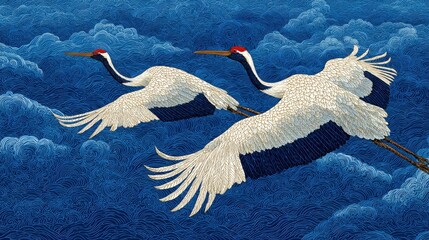 Japanese inspired fabric, Two elegant cranes with red crowns fly gracefully over swirling blue clouds in a stylized, artistic depiction.