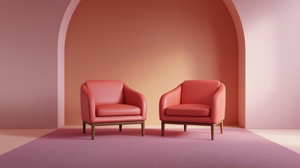Pair of red armchairs in a room with a pink carpet. the armchairs are facing each other and have a modern design with a curved backrest and armrests.