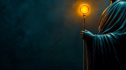 Ksitigarbha Worship Day, Buddha statue holding Traditional khakkhara staff (ringed monk staff) glowing with aura, isolated on dark gradient background with empty space for text