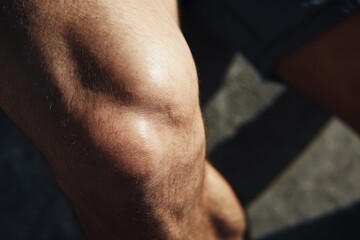 Close-up view of a bent knee showcasing natural skin tone and shadows, highlighting the beauty of human anatomy in a candid moment