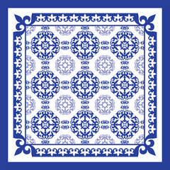 Gorgeous square patchwork pattern in blue white colors.
Traditional ornamental pattern in the form of square tiles. Traditional ornamental floral paisley bandanna. Laser or plotter cutting template. V