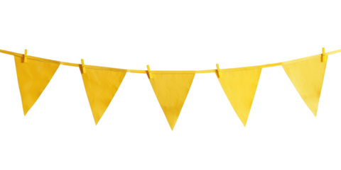 Bright Yellow Triangle Banner With Clothespins Against A Black Background.