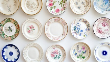 Vintage china plates arranged in a decorative wall gallery, floral patterns, mismatched colors, rustic interior with soft daylight