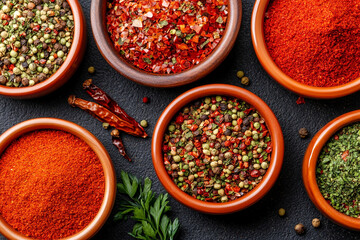 Colorful arrangement of spices in ceramic bowls on dark surface