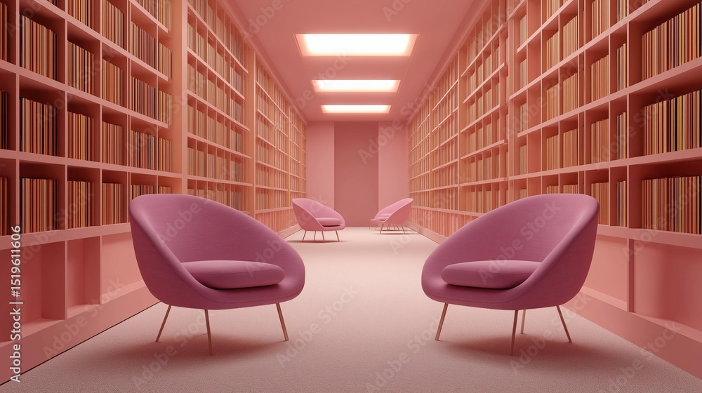 Poster modern library with a high ceiling and rows of bookshelves on both sides. the shelves are filled wit
