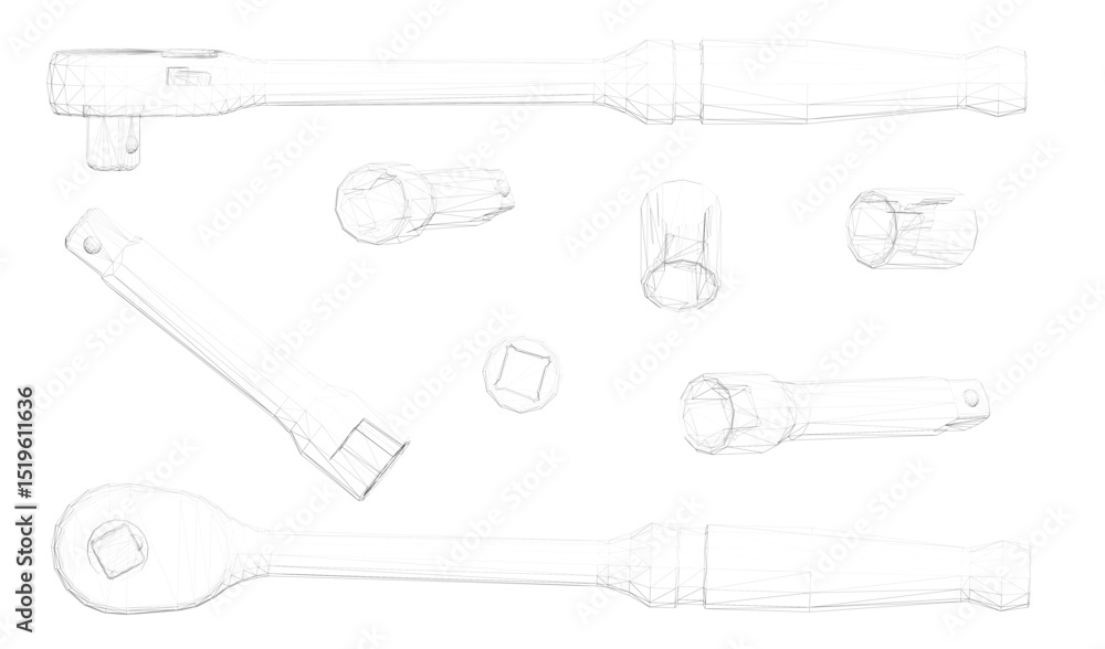 Poster a set of tools are shown in a row, with a white background. the tools include a wrench, pliers, and 
