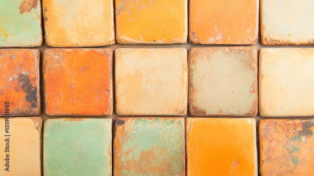 Poster colorful weathered tiles arranged in a unique pattern on a surface