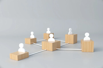 Wooden Cubes Connected with Lines on Blue Background Representing Social Network and Organizational Structure, Illustrating Teamwork, Digital Communication, and Business Collaboration