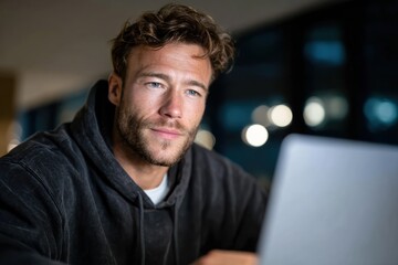 A young man in a hoodie sits in focus at his laptop screen during evening hours, representing dedication and modern lifestyle, symbolizing the balance between work and leisure.
