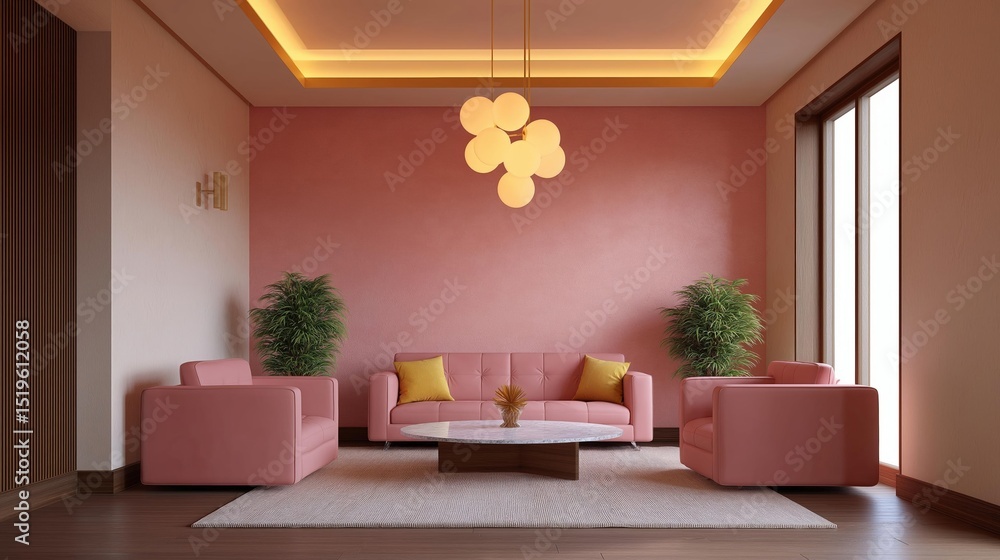 Poster modern living room with a pink color scheme. the walls are painted in a soft pink color and there is