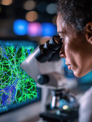 Scientist in Laboratory Conducting Cell Research with Electron Microscope and Biotech Equipment